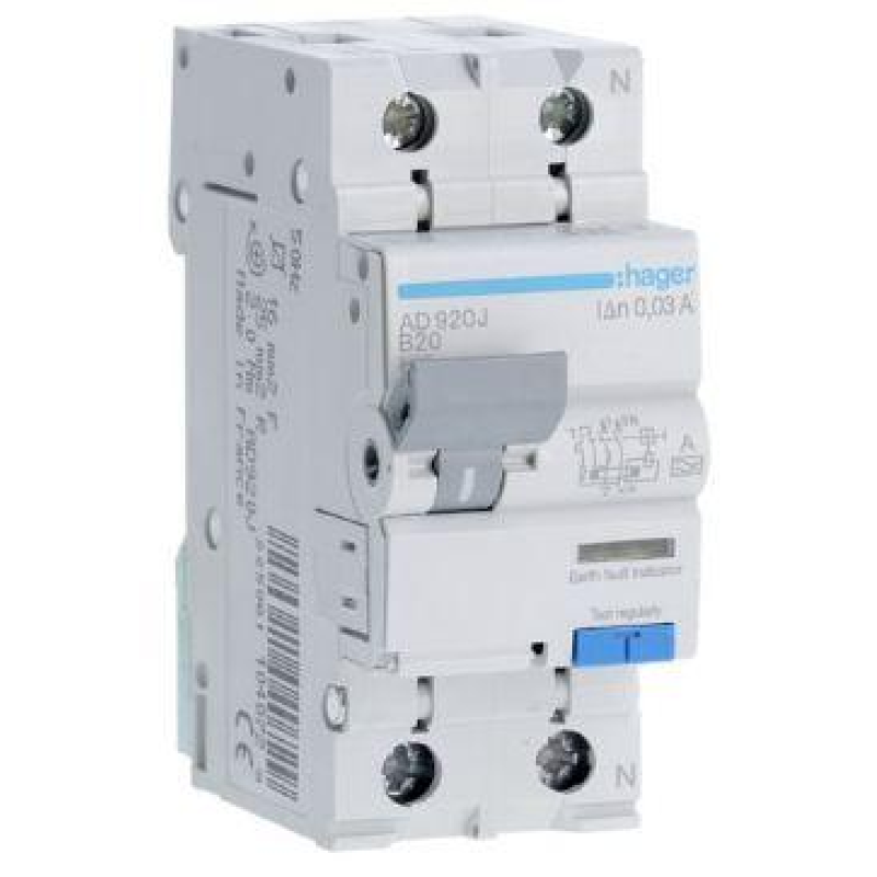 Диференційний автомат Hager 1+N B20/30mA 6кA,тип AD920J Диференційний автомат Hager 1+N B20/30mA 6кA,тип AD920J