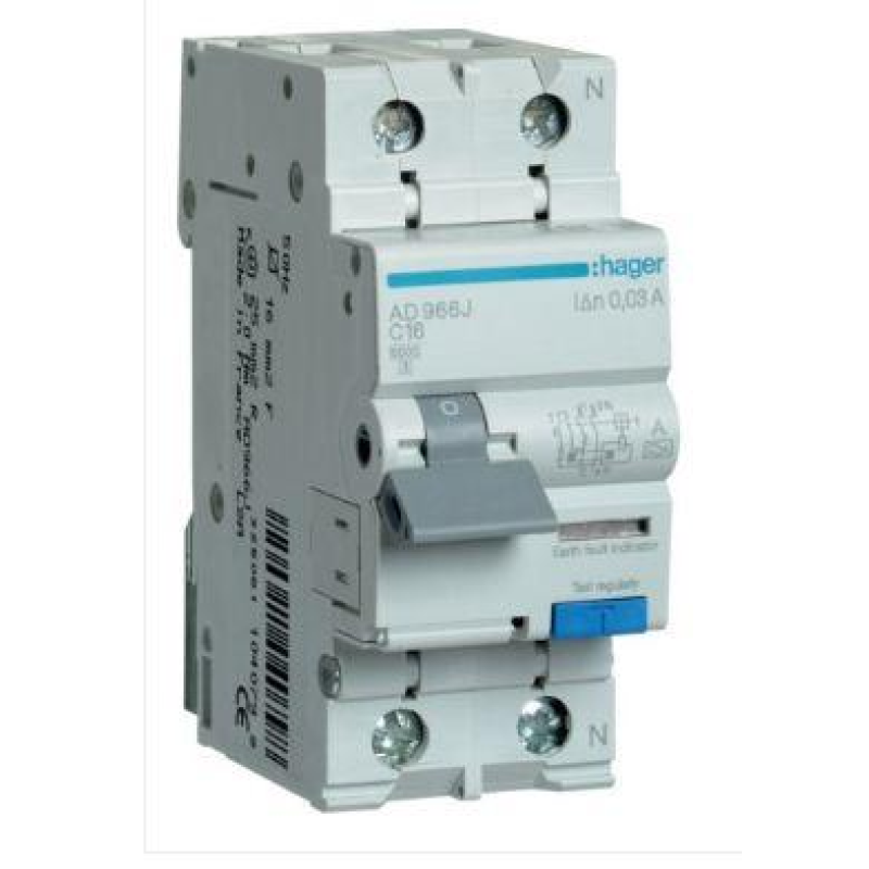 Диференційний автомат Hager 1+N C16/30mA 6кa,тип AD966J Диференційний автомат Hager 1+N C16/30mA 6кa,тип AD966J