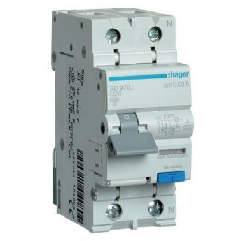 Диференційний автомат Hager 1+N C20/30mA 6кA,тип A ADA970D Диференційний автомат Hager 1+N C20/30mA 6кA,тип A ADA970D