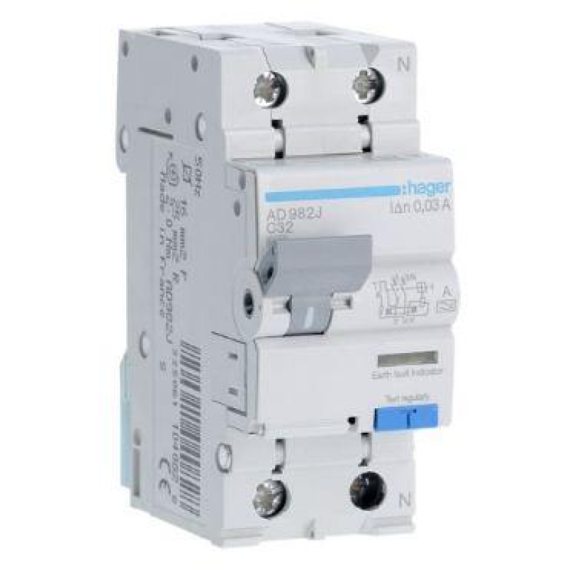 Диференційний автомат Hager 1+N C32/30mA 6кA,тип AD982J Диференційний автомат Hager 1+N C32/30mA 6кA,тип AD982J