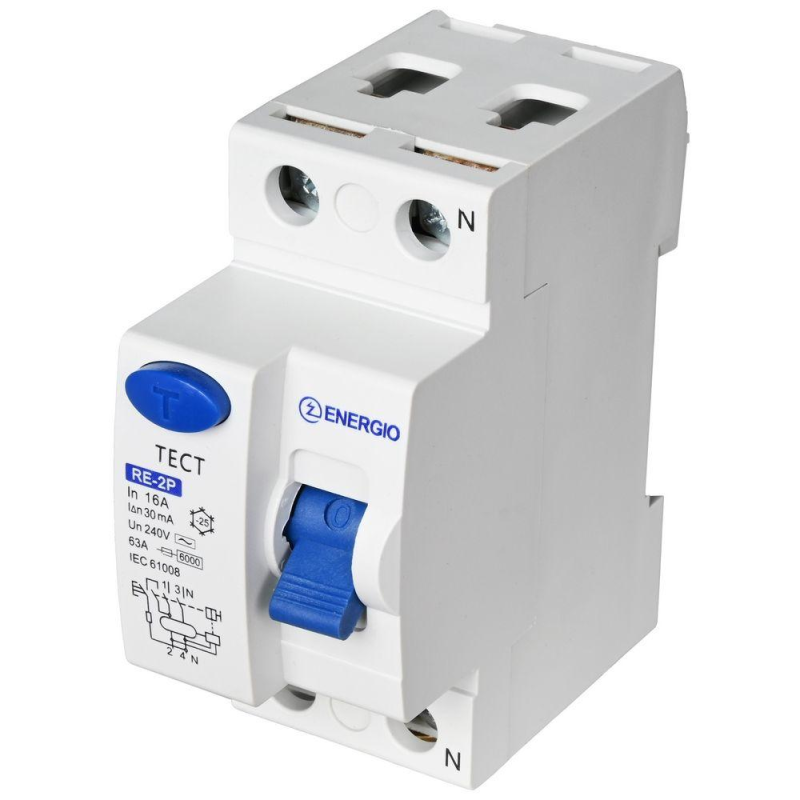 Пристрій захисного відключення ENERGIO RE 2P 16А 30мА тип AC Пристрій захисного відключення ENERGIO RE 2P 16А 30мА тип AC