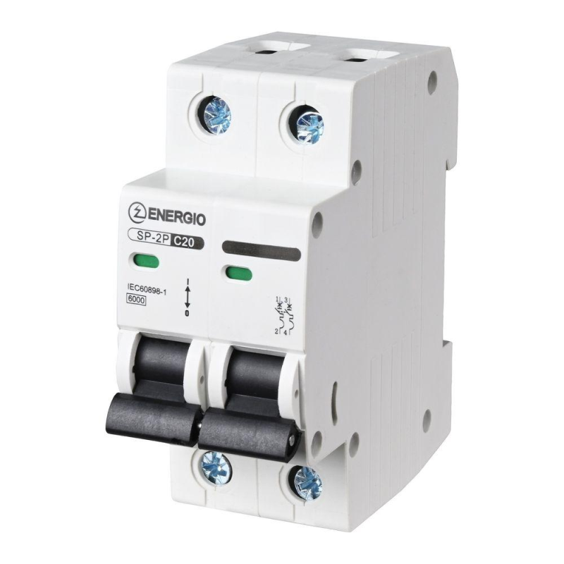 Модульний автоматичний вимикач ENERGIO SP-2P C 20А 6кА Модульний автоматичний вимикач ENERGIO SP-2P C 20А 6кА