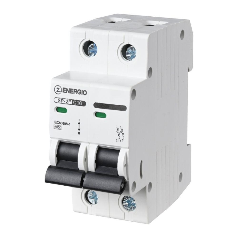Модульний автоматичний вимикач ENERGIO SP-2P C 16А 4.5кА Модульний автоматичний вимикач ENERGIO SP-2P C 16А 4.5кА