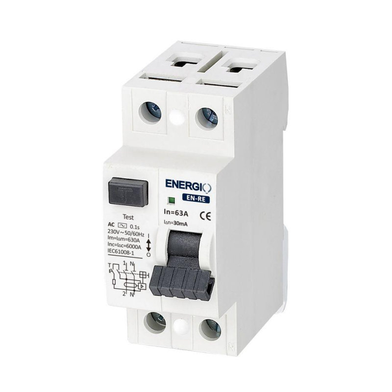 Пристрій захисного відключення ENERGIO EN-RE 2P 63А 30мА тип AC Пристрій захисного відключення ENERGIO EN-RE 2P 63А 30мА тип AC