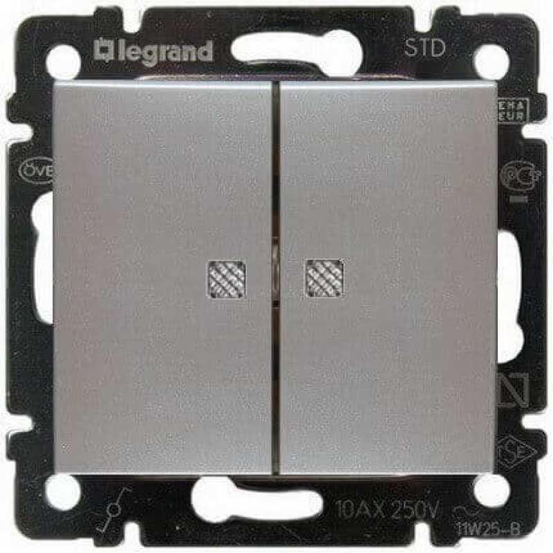 Вимикач 2-клавішний з підсвічуванням, алюміній, Legrand 770128 Valena