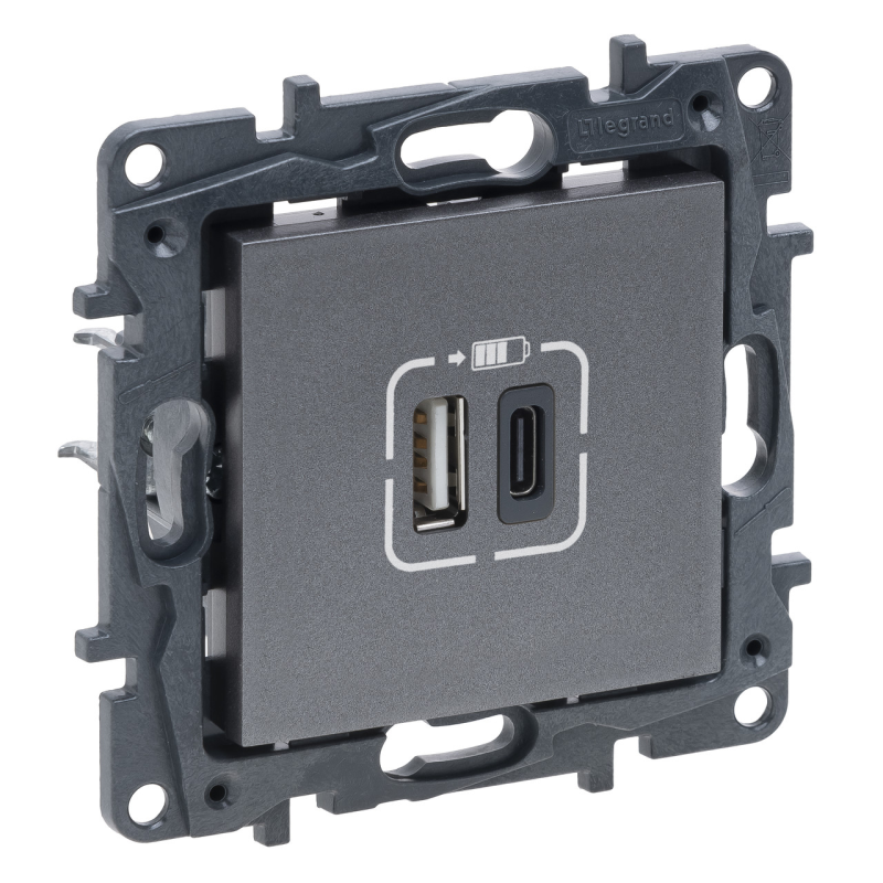 Розетка USB тип А+C 12 Вт + 15 Вт 5 В, сталь, Niloe Step Legrand Розетка USB тип А+C 12 Вт + 15 Вт 5 В, сталь, Niloe Step Legrand