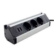 Меблева розетка кухонна (горизонтальна)  3 x 16 А , 2 x USB 2,4 А, метал + провід 3 x 1.5 mm²