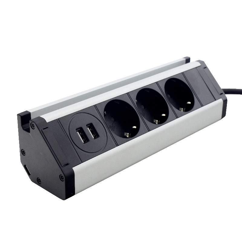 Меблева розетка кухонна (горизонтальна)  3 x 16 А , 2 x USB 2,4 А, метал + провід 3 x 1.5 mm²