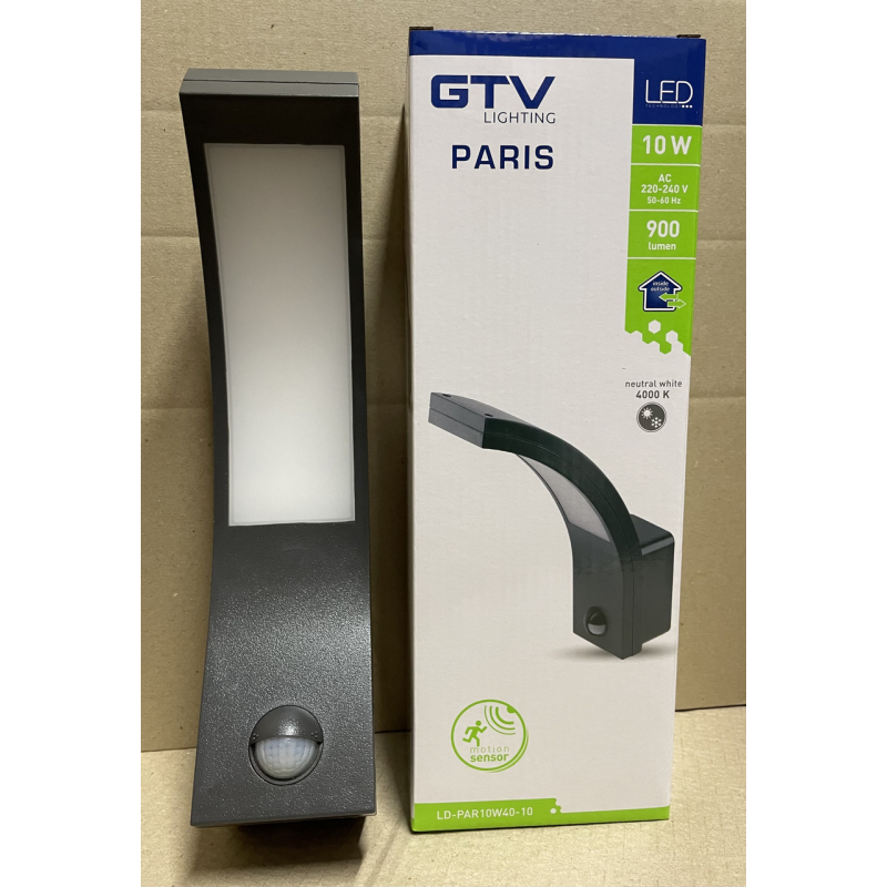 Світильник 10W Настінний Фасадний Led Paris З Датчиком Руху, Ip54, 9M, 4000K, Чорний GTV Світильник 10W Настінний Фасадний Led Paris З Датчиком Руху, Ip54, 9M, 4000K, Чорний GTV