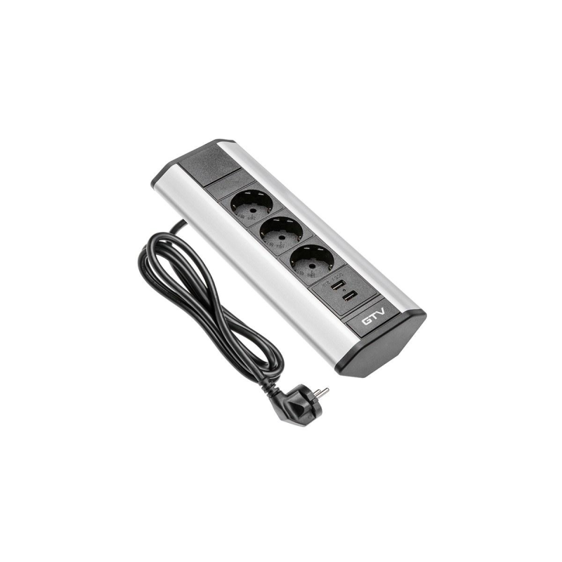 Подовжувач Для Офісу Ae-Pbkt3S2U-80, Кутовий, 3 X гнізда Schuko, 2Xusb 2.1A 5V, Срібний GTV Подовжувач Для Офісу Ae-Pbkt3S2U-80, Кутовий, 3 X гнізда Schuko, 2Xusb 2.1A 5V, Срібний GTV