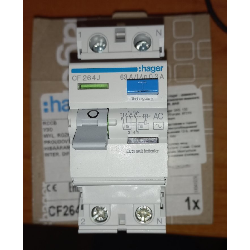 Пристрій захисного відключення УЗО Hager 2P 63A 300 мА AC CF264J