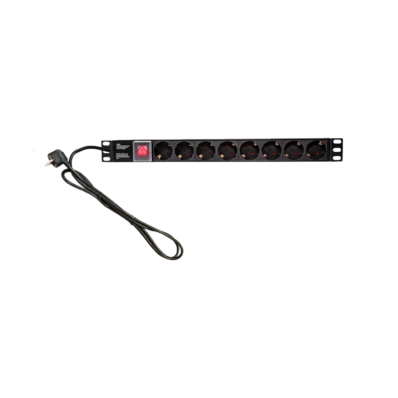 Подовжувач LP на 8 розеток з вимикачем, 220В 16A, німецький тип, 1U 19“, алюмінієвий корпус Подовжувач LP на 8 розеток з вимикачем, 220В 16A, німецький тип, 1U 19“, алюмінієвий корпус