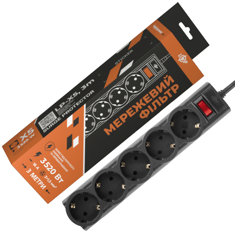 Мережевий фільтр PREMIUM LP-X5 3 м Black (3520Вт) Мережевий фільтр PREMIUM LP-X5 3 м Black (3520Вт)