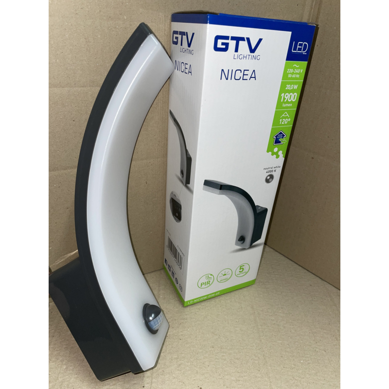 Світильник 20W GTV NICEA з датчиком руху, 4000K, IP65, DIM, чорний