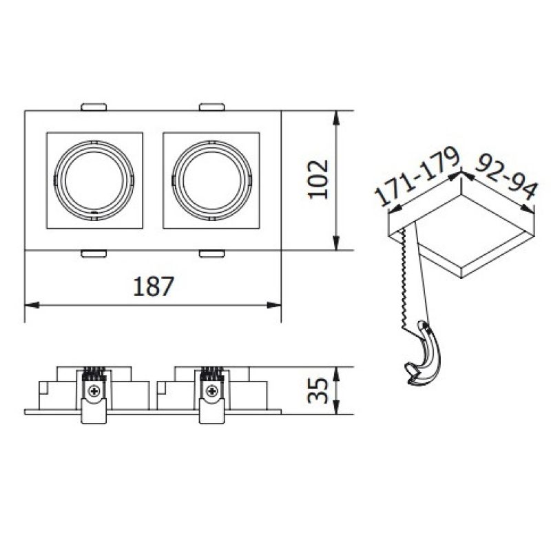Світильник точковий GTV RUBIO, 187x102mm, IP20, квадратний, подвійний, чорний (пластик) (OP-RUBIOKW2-00)