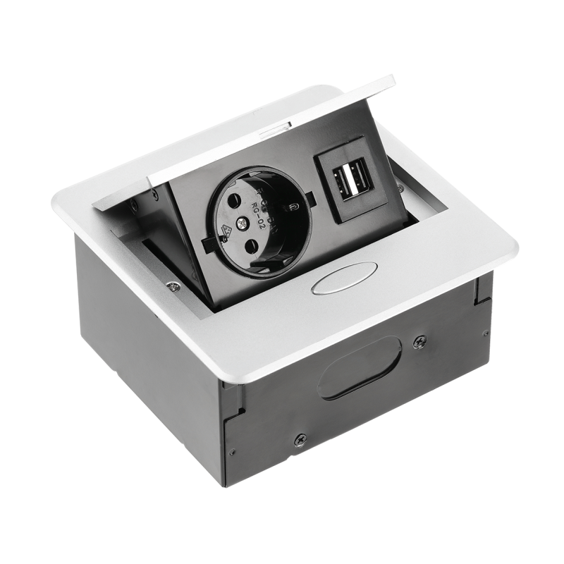 Подовжувач вбудований GTV AVARO, 1x розетка schuko, 2xUSB тип A, 1,5 м, срібний