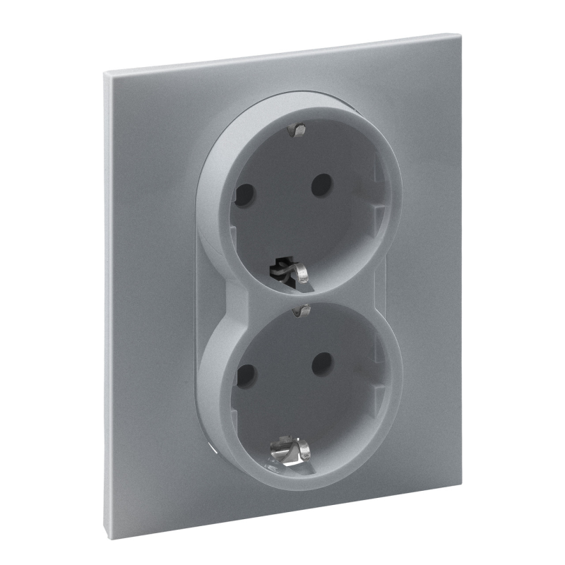 SUNO Розетка силова 2х2К+С 16 А, 250 В Авт. клеми, зі шторками, колір Алюміній SUNO Розетка силова 2х2К+С 16 А, 250 В Авт. клеми, зі шторками, колір Алюміній