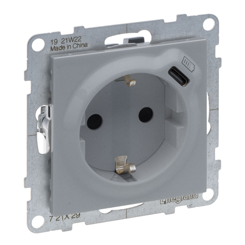 SUNO Розетка комбінована. 2К+С со шторк. 16 A+USB Тип C 1,5 A 250 В, колір Алюміній SUNO Розетка комбінована. 2К+С со шторк. 16 A+USB Тип C 1,5 A 250 В, колір Алюміній