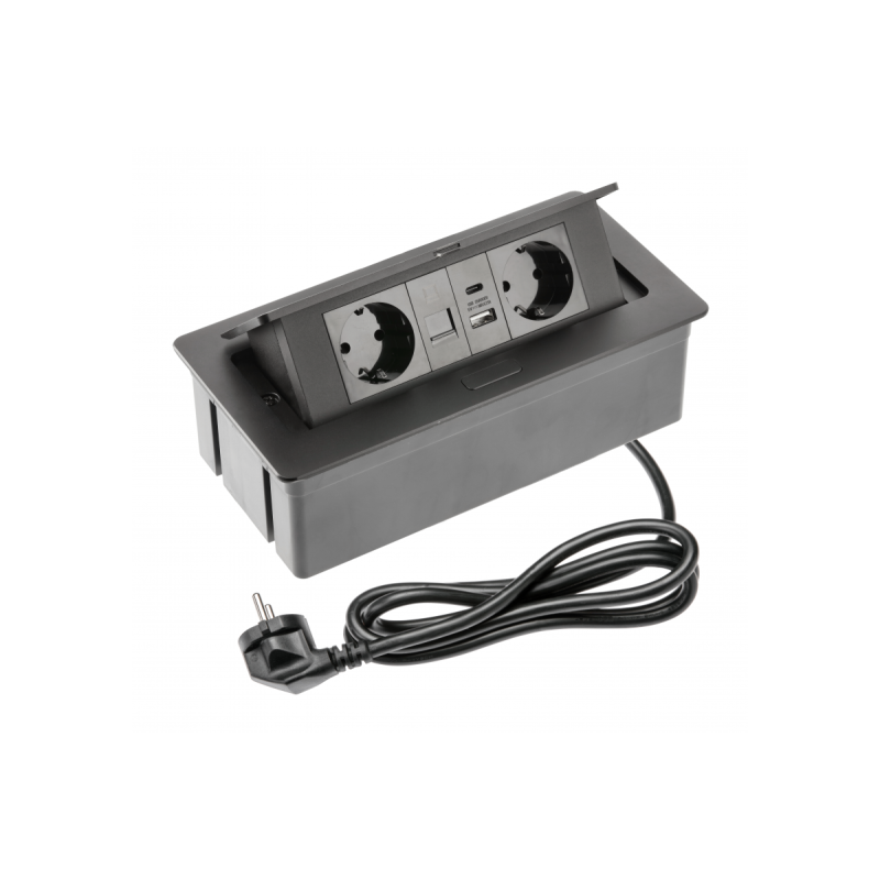 Меблева розетка GTV MULTISOFT, 2хSHUKO, USB A+C, RJ45, кабель 1.5 м, чорна