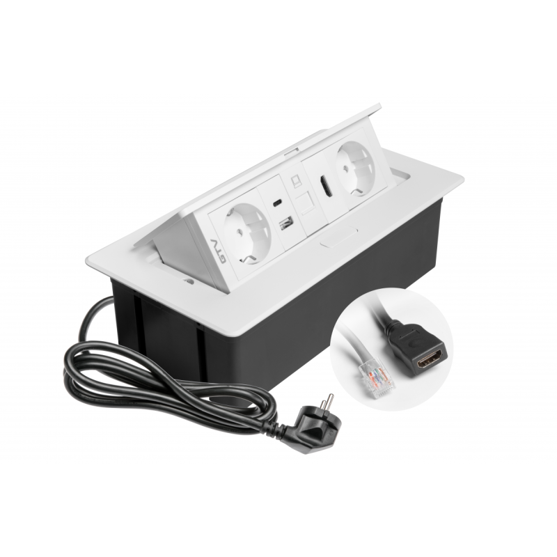 Меблева розетка MULTISOFT, 2хSHUKO, USB A+C, RJ45, HDMI, кабель 1.5 м, білий Меблева розетка MULTISOFT, 2хSHUKO, USB A+C, RJ45, HDMI, кабель 1.5 м, білий