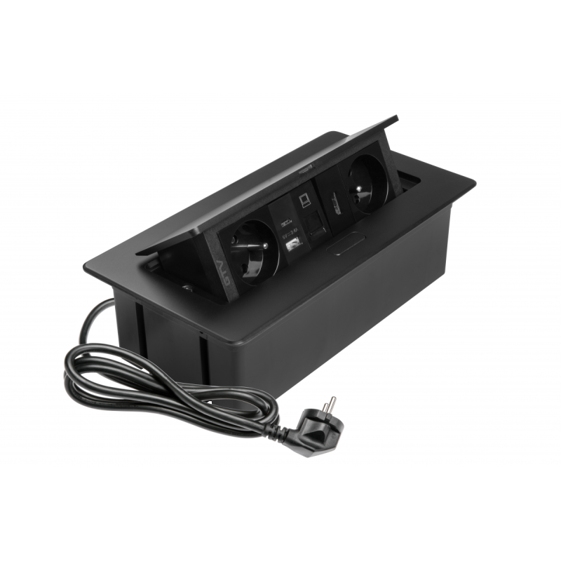 Меблева розетка MULTISOFT, 2хSHUKO, USB A+C, RJ45, HDMI, кабель 1.5 м, чорна Меблева розетка MULTISOFT, 2хSHUKO, USB A+C, RJ45, HDMI, кабель 1.5 м, чорна