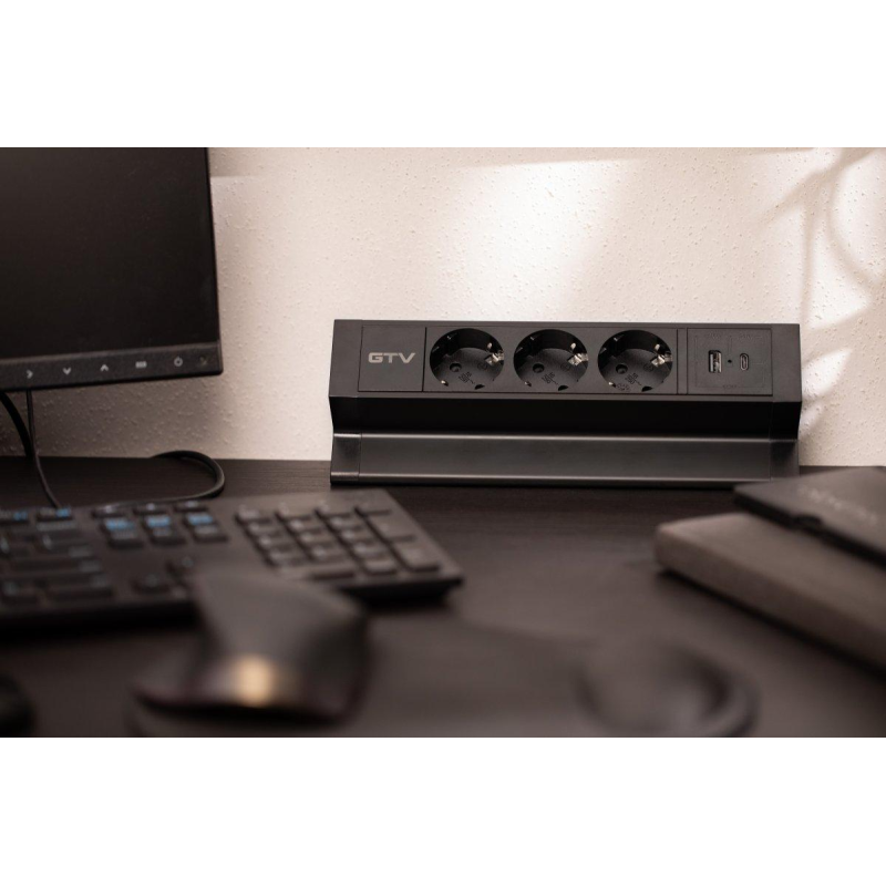 Меблева розетка GTV BASCO, 3хSHUKO, USB A+C, кабель 1.5 м, чорна