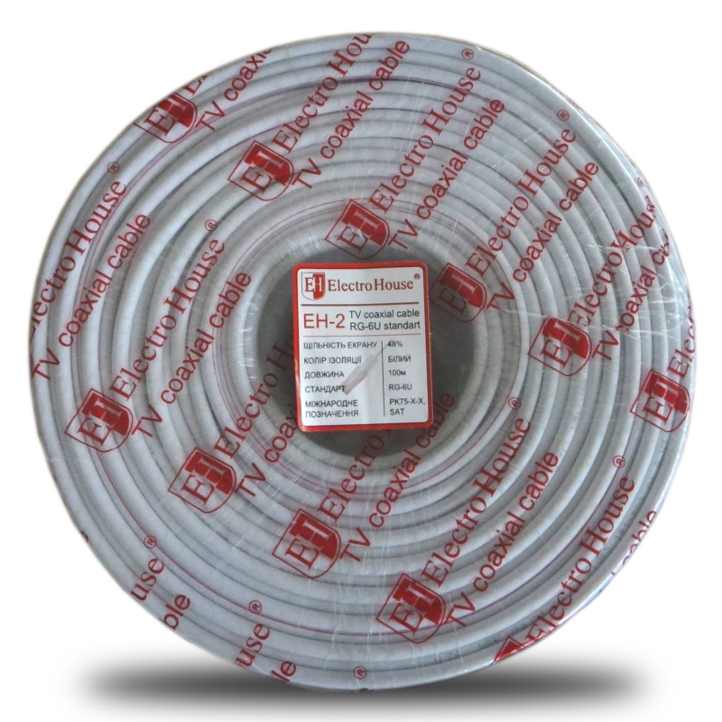 Кабель коаксіальний RG-6U 48% обміднена сталь 1.02 ПВХ, білий, 100 м