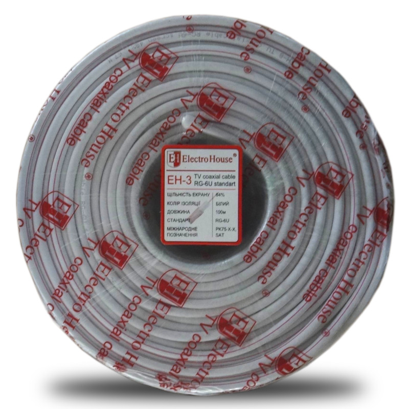 Кабель коаксіальний RG-6U 64% обміднена сталь 1.02 ПВХ, білий, 100 м