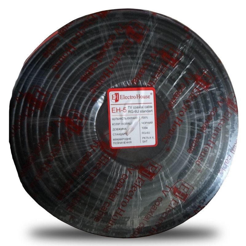 Кабель коаксіальний RG-6U 100% оміднена сталь 1.02 ПВХ, чорний, 100 м