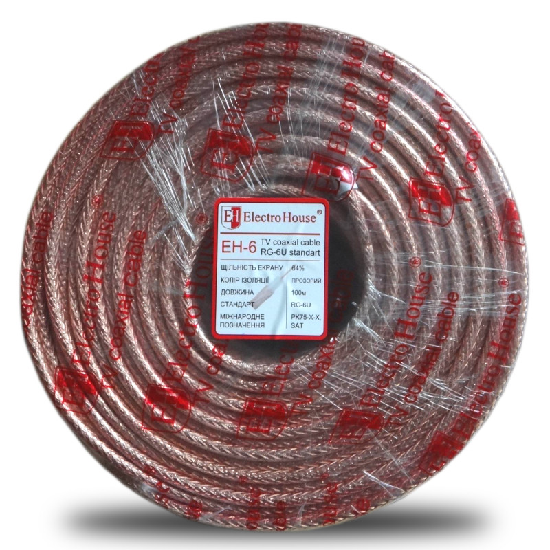 Кабель коаксіальний RG-6U 64% обміднена сталь 1.02 силікон, прозорий, 100 м